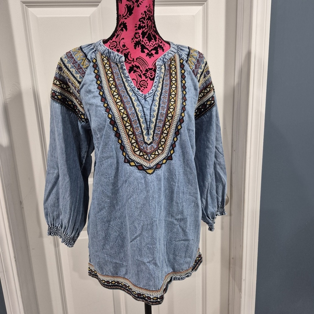 True Luxe Jeans Top Womens Large Tencel Tunic Chambray Boho Southwestern Tribal